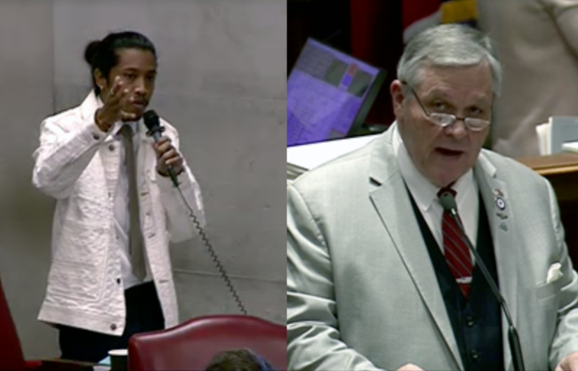 On the left, Justin Jones, a Black and Filipino Tennessee lawmaker, wearing a white jacket, and on the right, John Ragan, a white Tennessee lawmaker, also wearing a light-colored jacket.